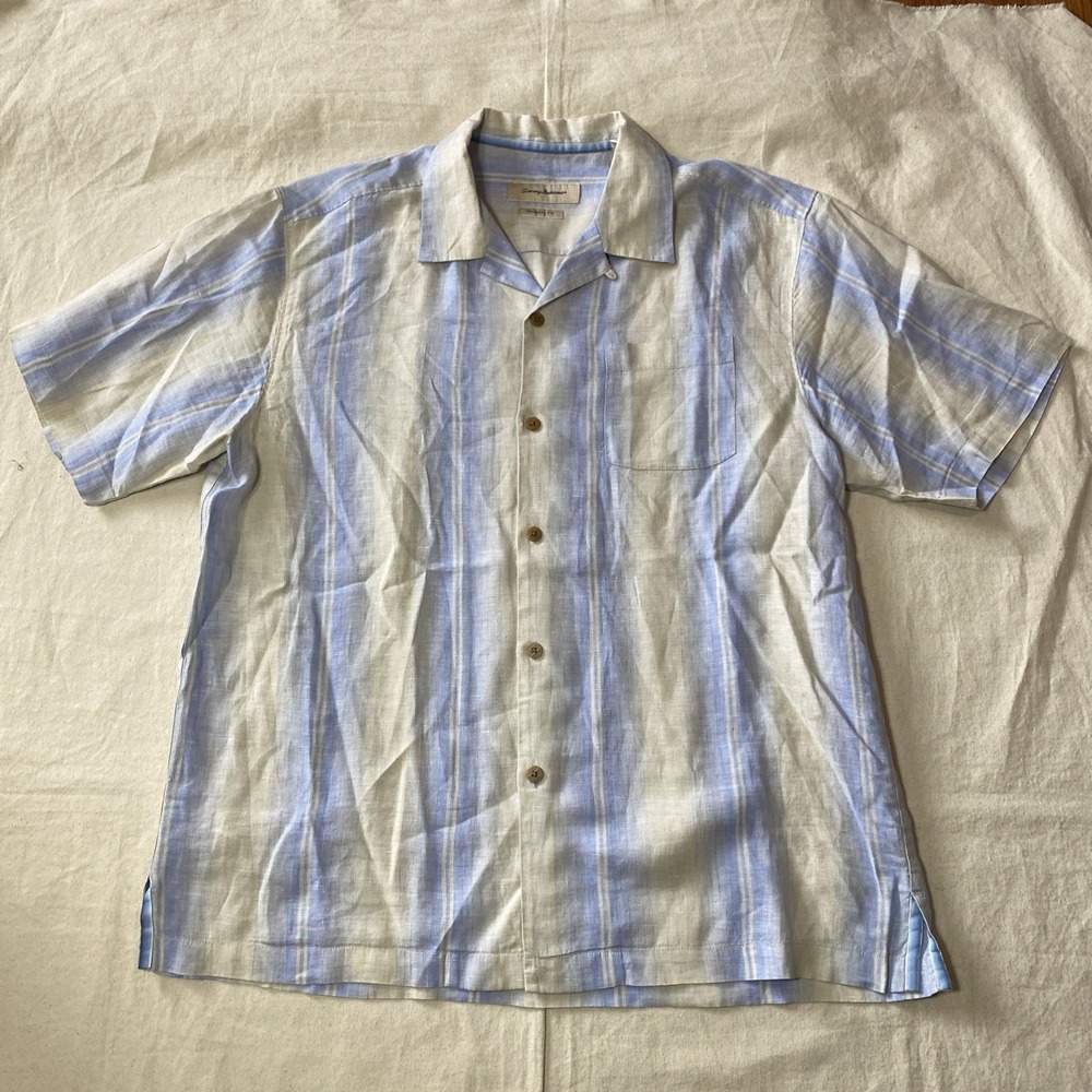 Tommy Bahama Shirt Mens Large Button Up 100% Linen Blue White Stripe Hawaiian